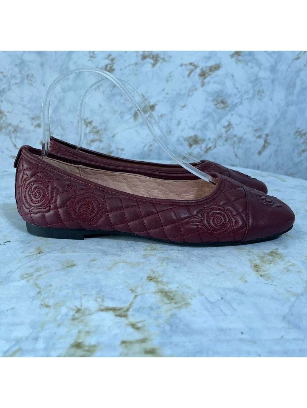 Taryn Rose Womens Size 7.5 Shoes Red Leather Floral Comfort Quilted Ballet Flats